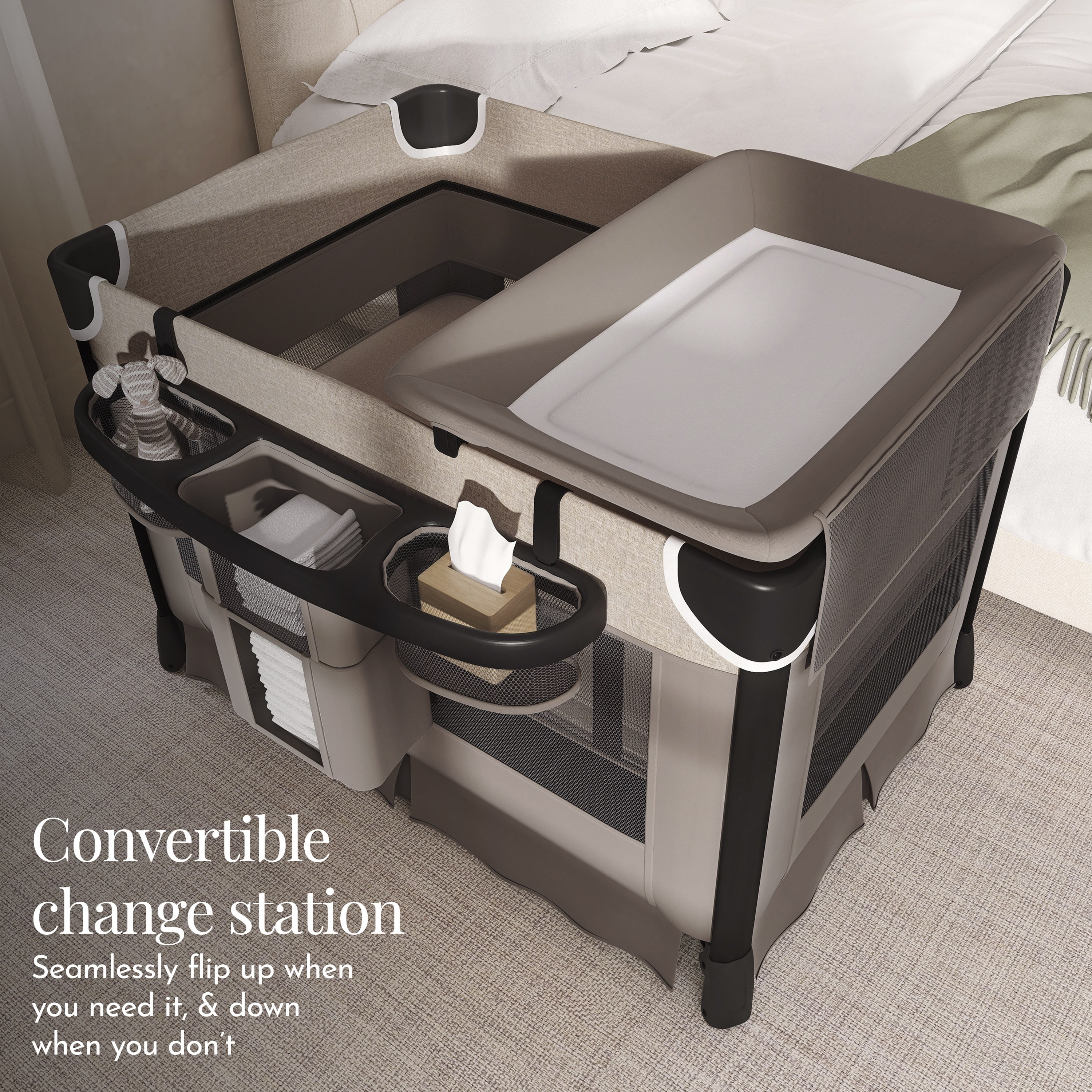 Evolur Cozy Cove All-in-One Portable Playard Beige with Bassinet & Changing Table – Quick-Fold Travel Playard with Breathable Mesh Sides, Travel Bag Included