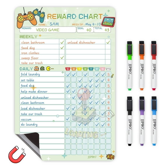 JJPRO Magnetic Dry Erase Chore Chart for Fridge- Chore Chart for Family - Reward Chart for good behaviour with 6 Markers-Video Game