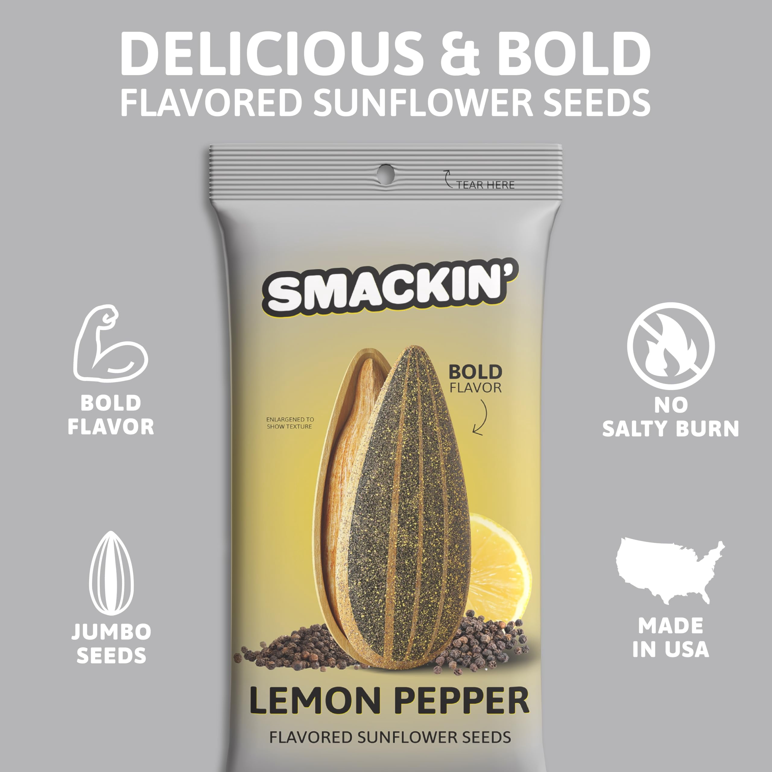 SMACKIN' Sunflower Seeds, Roasted Jumbo Small-Batch, American Made - Lemon Pepper. 1.5oz bags (36 Pack)