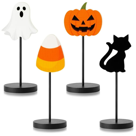 Spooky Farmhouse Halloween Table Decor Set - Black Cat Ghost Pumpkin Candy Corns Wood Centerpiece, Happy Party Trick or Treat Standing Block