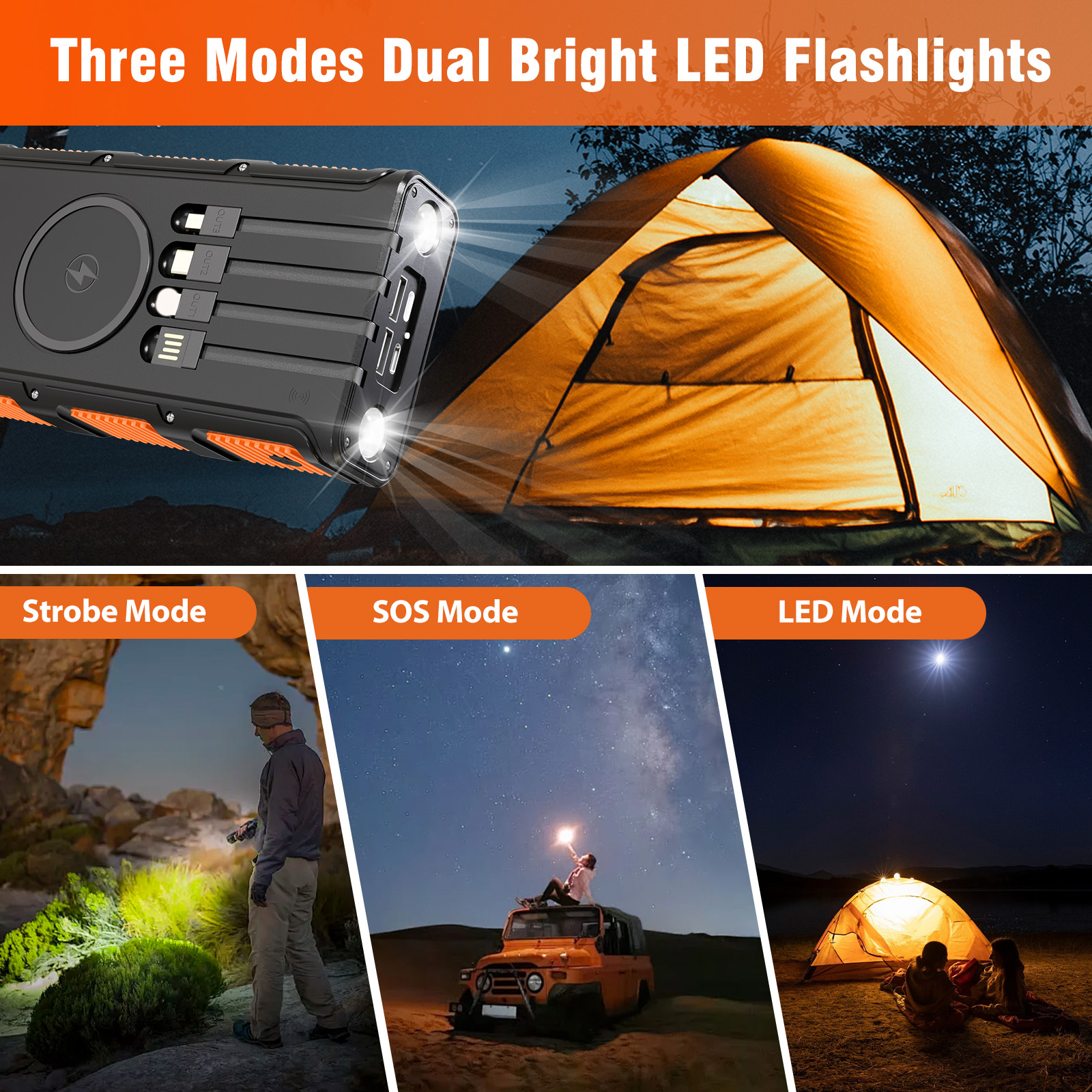 Power Bank Wireless Charger 68800mAh Built in Hand Crank and 4 Cables 15W Fast Charging Power Bank 7 Outputs & 4 Inputs Solar Portable Charger, SOS/Strobe/Strong Flashlights, Compass(Orange)