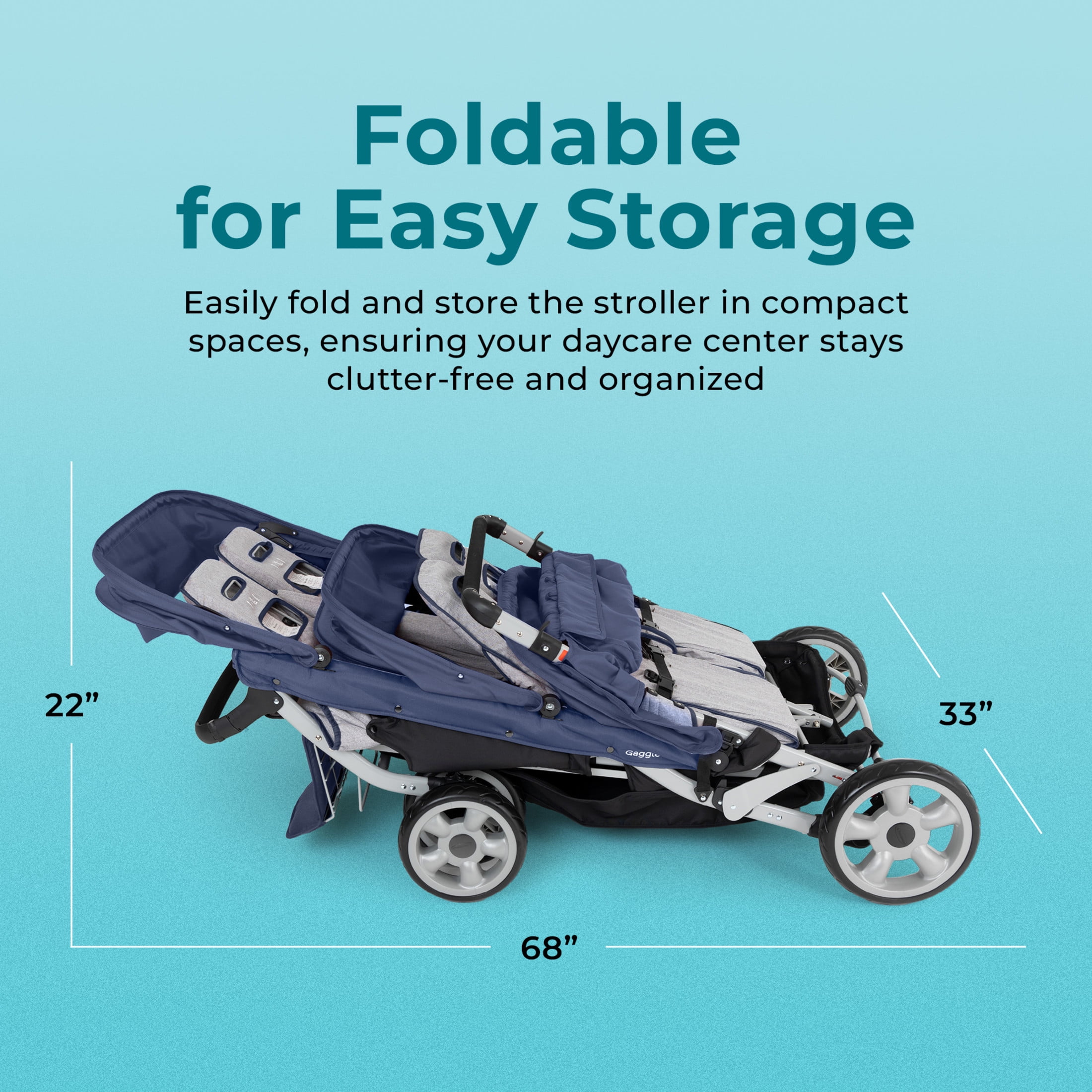 Foundations Gaggle Jamboree 6-Seat Folding Daycare Stroller with Canopies, Reclining Seats, Navy/Gray