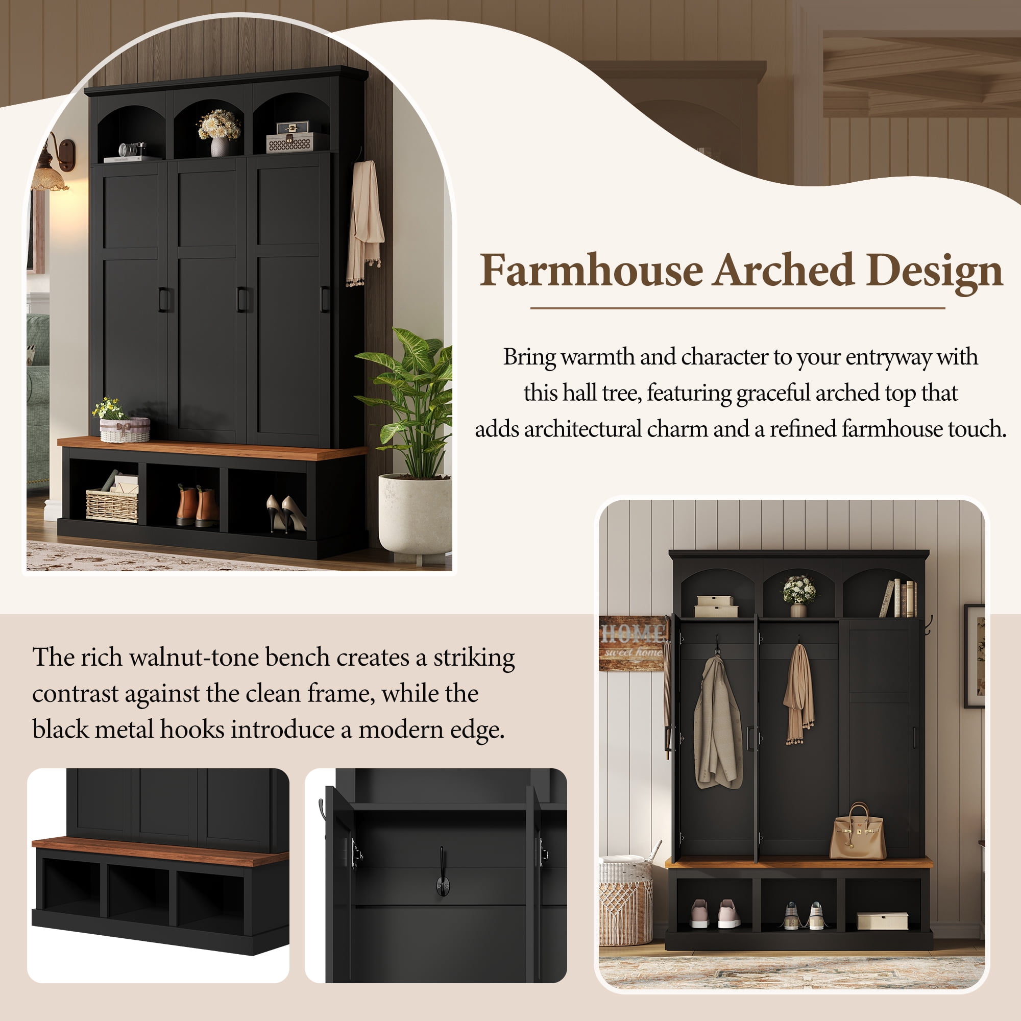 Homy Casa 49.2" Entryway Hall Tree with Bench, Storage Doors, Hooks & Lower Cubbies, Black