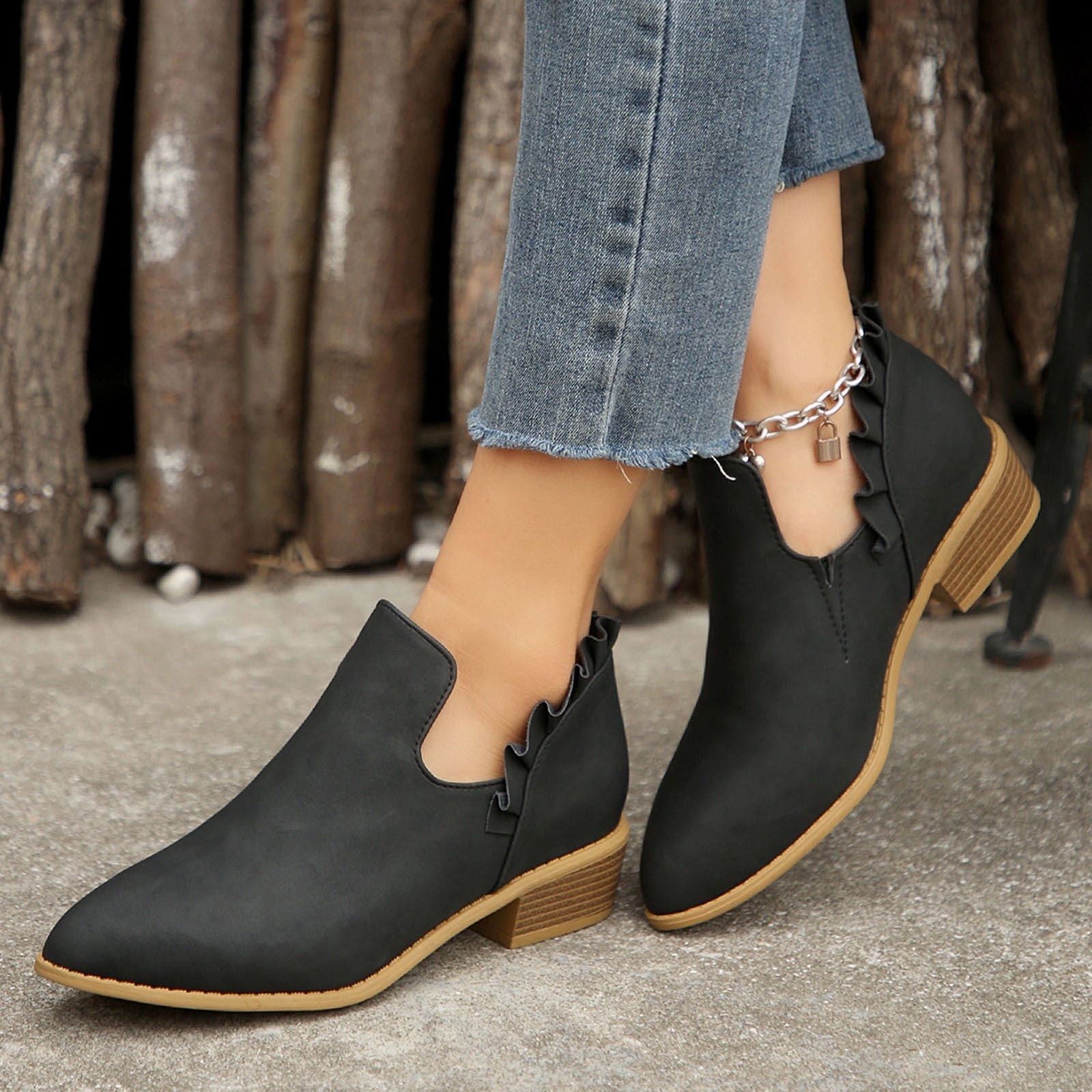 Juslio Women Shoes Oversized Thick Heels Fashion Shoe Pleated Lace