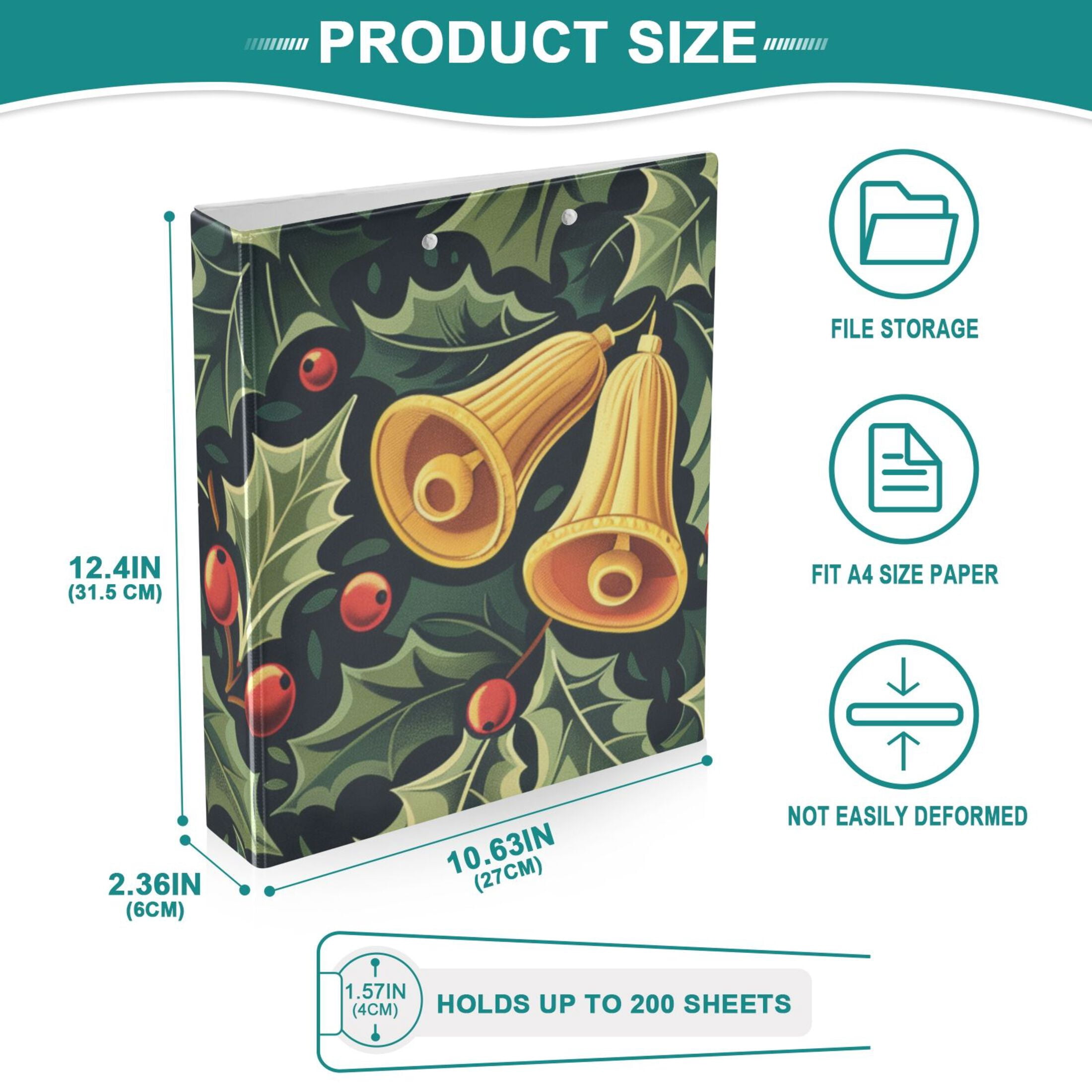 Holly Berries Christmas Bells 3 Ring Binders 1.5 inch Hardcover File Folders with Interior Pockets A4 Size Organizer for School Office Hospital