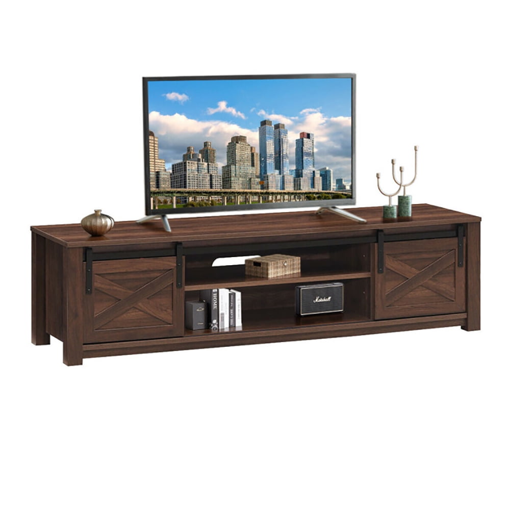 Finihen TV Stand, TV Cabinet, 65 Inch Flat Sliding Barn Door TV Stand, Media Entertainment Center with Storage, for Living Room, Bedroom, Brown