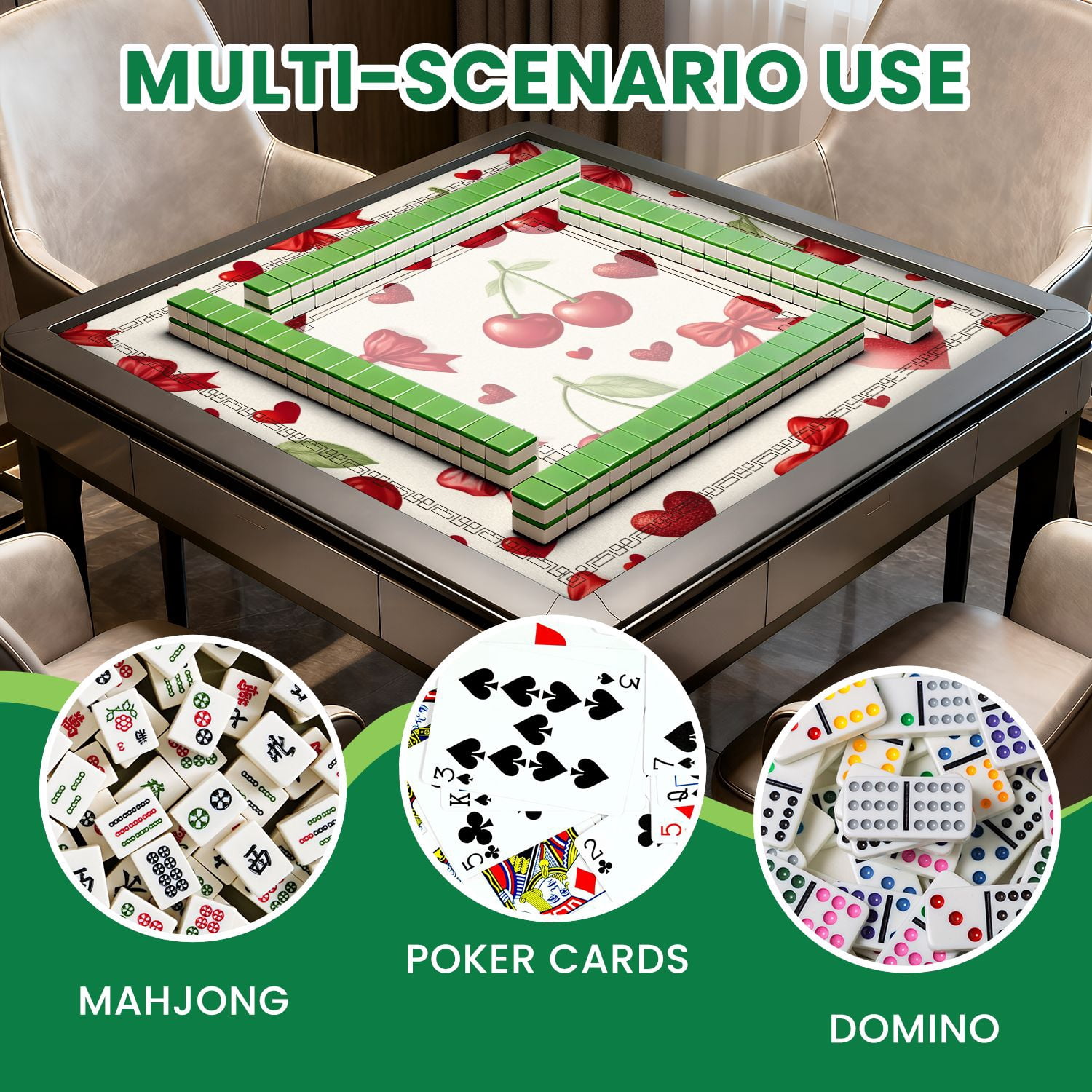 Mahjong Mat 31.5" x 31.5" Red Cherries Hearts Bows Cream Non-Slip Noise Reduction American Mahjong Tiles Table Cover for Dominoes Poker Card Board Games Gift