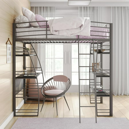 Modern Studio Gray Twin Loft Bunk Bed Frame With Under Bed Desk