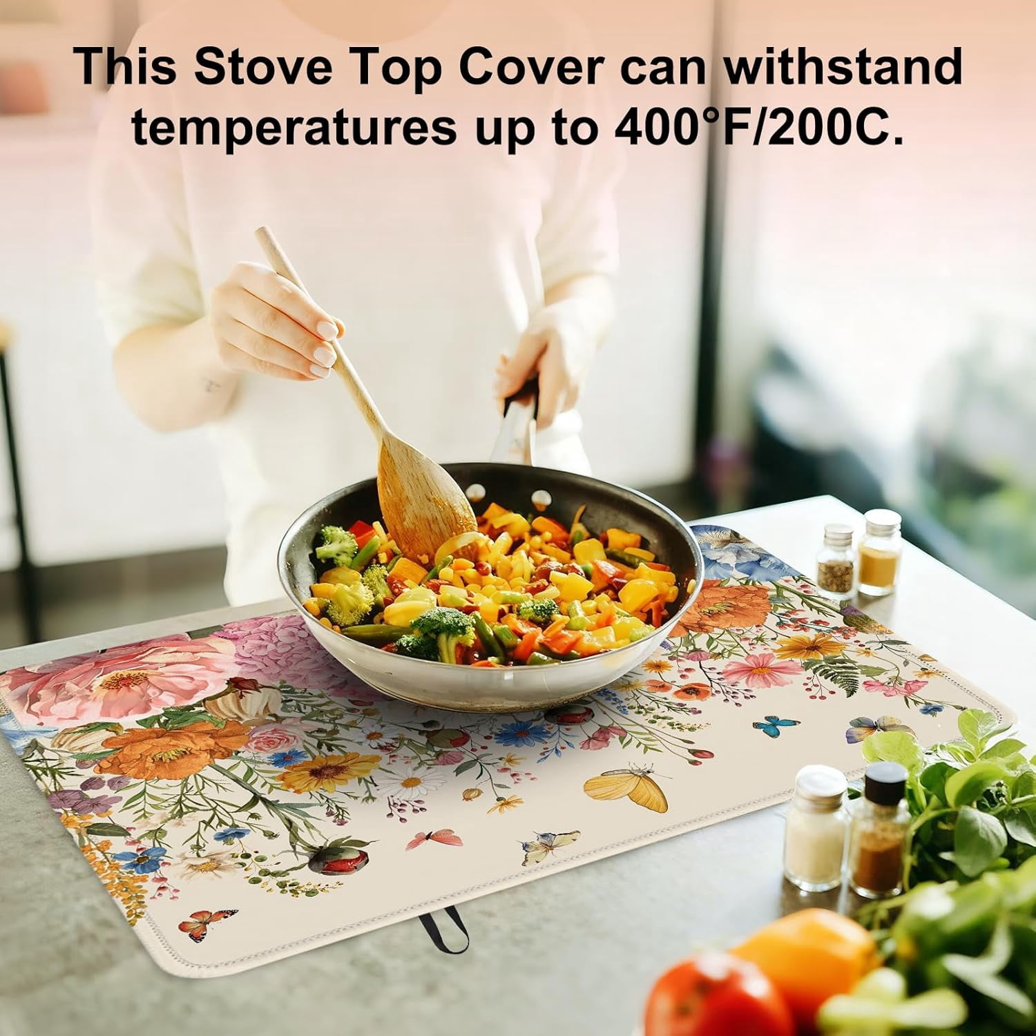 Retro Floral Stove Top Cover for Electric Stove 28"x20" - Wild Flowers Stove top Cover, Floral Heat Resistant Glass Cooktop Cover, Flat Range Stovetop Protector, Dish Drying Mat for Kitchen