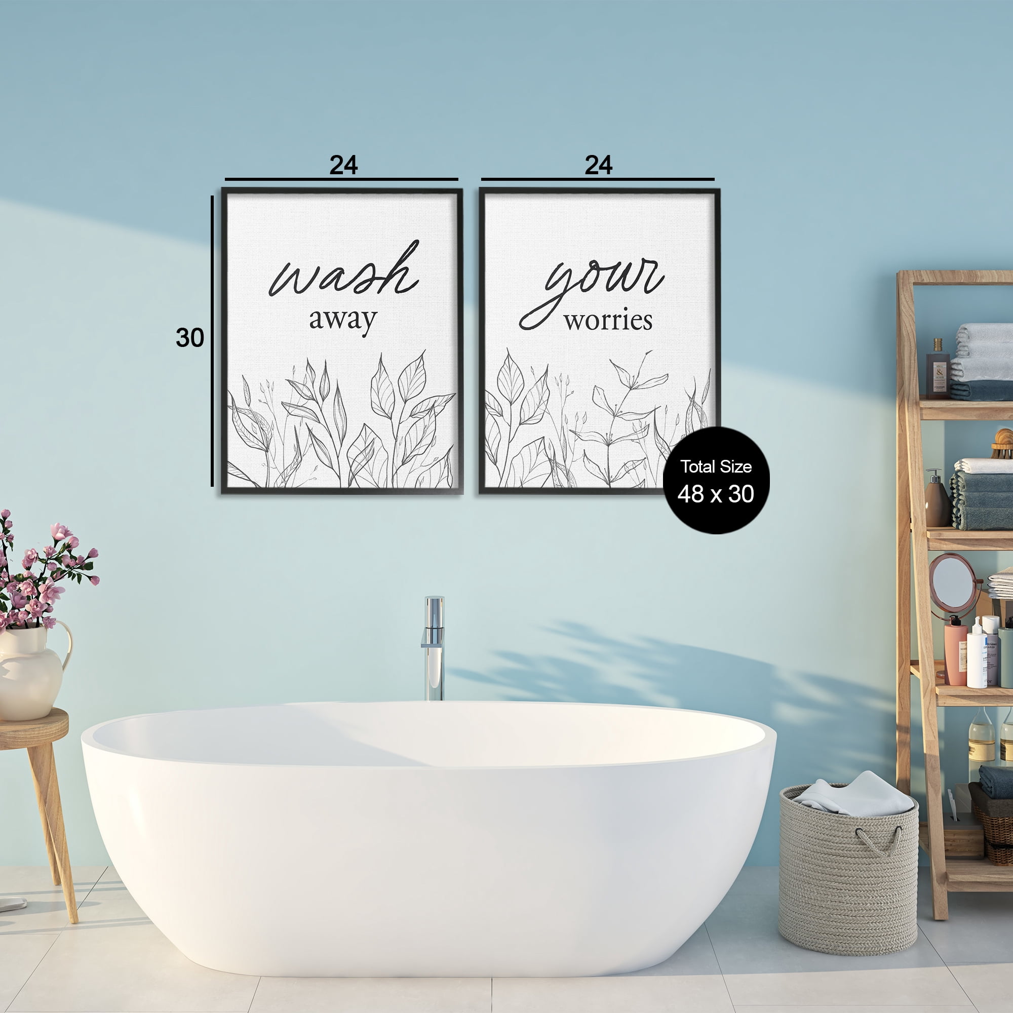 Wash Away Worries Minimalist Leaves 2 Piece Black Framed Giclee Art Set, design by Lettered and Lined