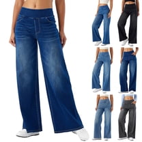 Wide Leg Pull on Jeans for Women High Waisted Stretchy Straight Pants Lightweight Loose Fit Soft Denim with Pockets Business Casual Outfits