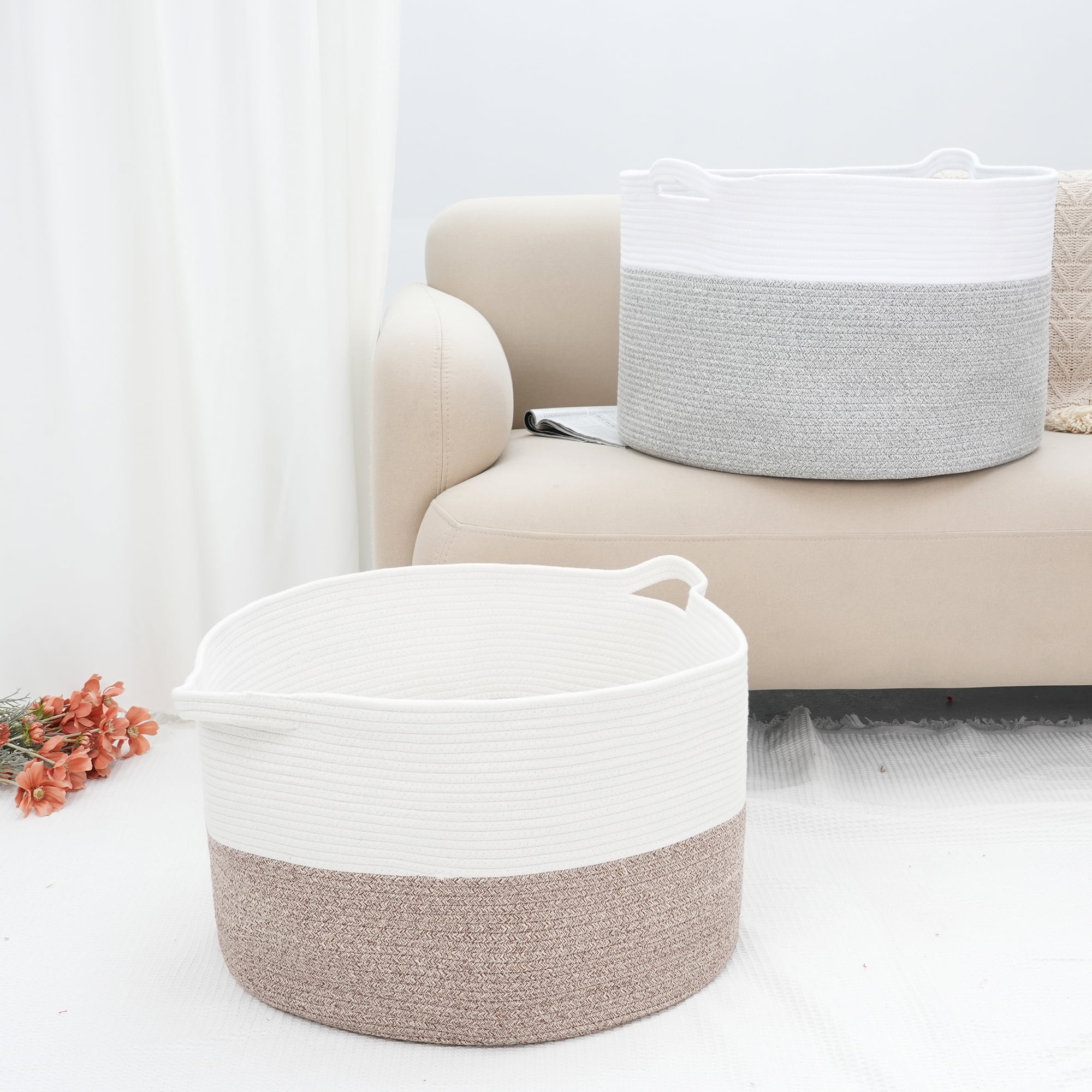 Unique Bargains Woven Storage Bin Shelf Storage Basket Organizer Bin with Handles Brown