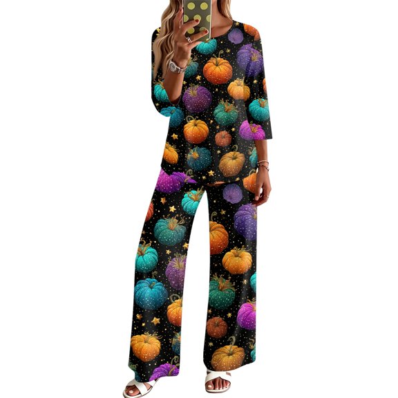2 Piece Sets For Women 3/4 Sleeve Halloween Fashion Clothing & Wide Leg Pants Womens Halloween Print Casual Fall Airport Travel Outfits