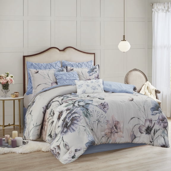 8-Piece Blue Cotton Comforter Set, Queen Size Floral Printed Bedding with Euro Shams & Decorative Pillows