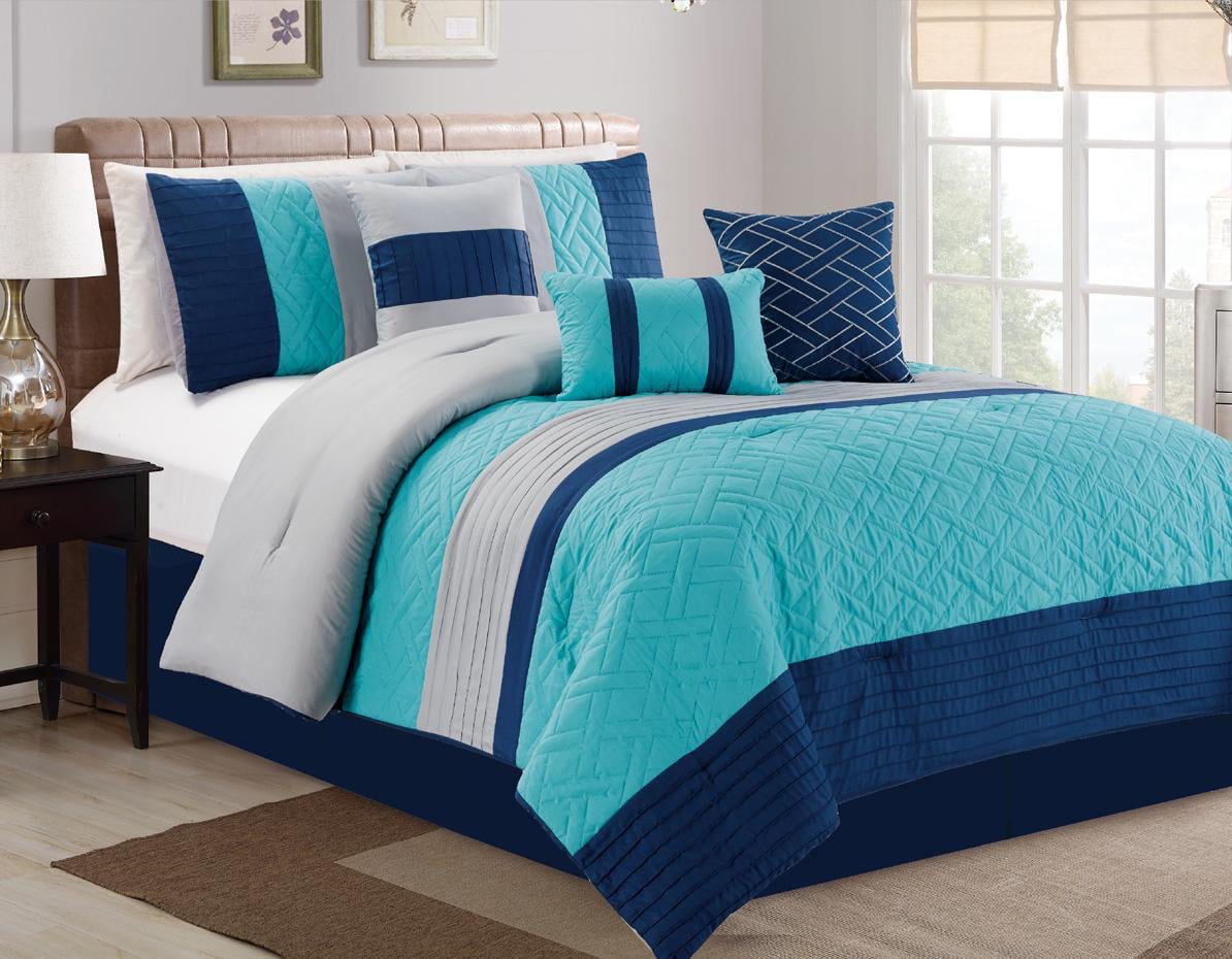 Empire Home 7 Piece Turquoise & Navy Elegant Spring Embossed Comforter