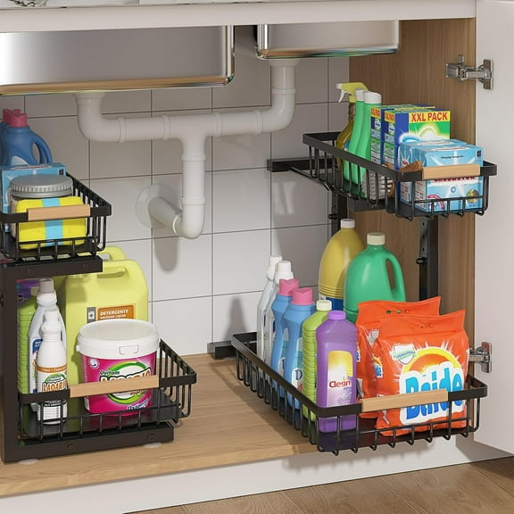 Under Sink Organizer 2 Packs, Pull Out Kitchen Sink Organizer, 2 Tier Slide Out Kitchen Organizers and Storage Bathroom Under Cabinet Storage Shelf, Black