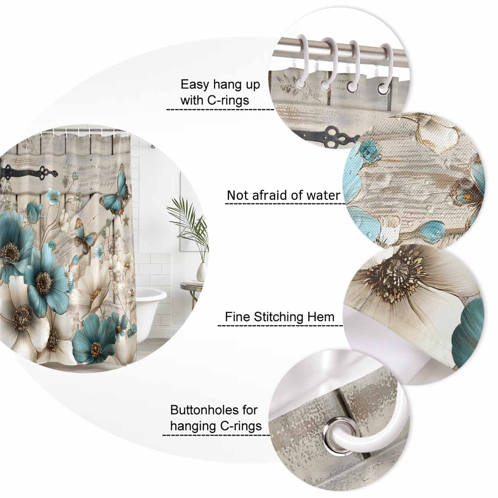 Teal Tulip Butterfly Shower Curtain, Waterproof Shower Curtains for Bathroom, Beige Turquoise Floral Farmhouse Wooden Washable Fabric Bathtub Curtain Set Bath Decor with 12 Hooks Stall 36"x72"