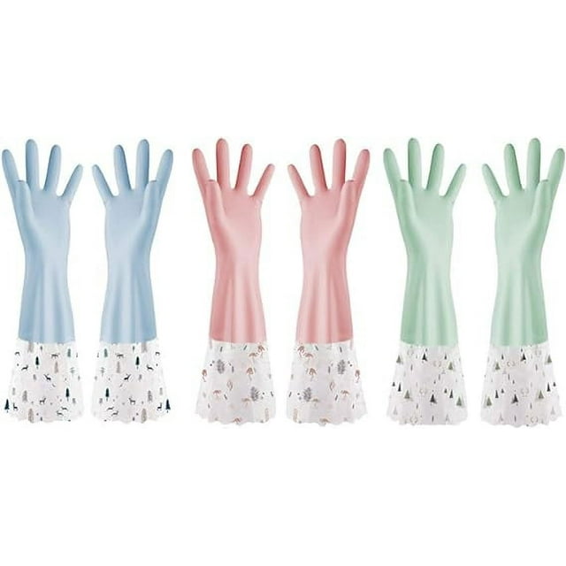 Xiao Hua Guantes de limpieza de goma reutilizables, impermeables, para el hogar, con manga larga, finos, para lavavajillas, 3 pares (3 Morandi largos, talla M)