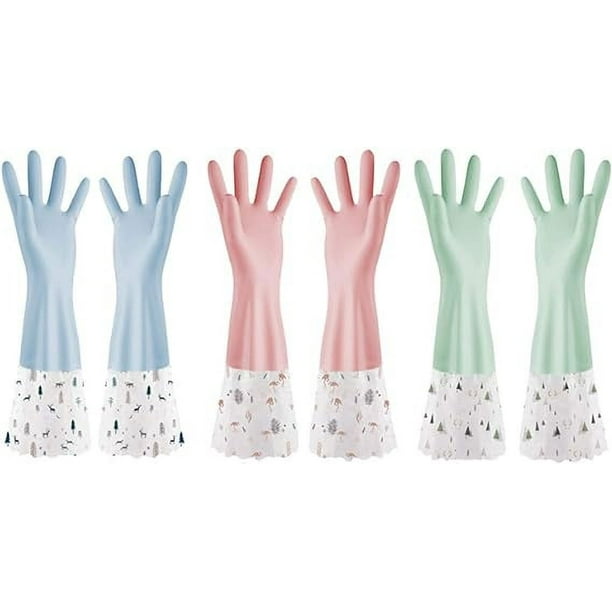 Xiao Hua Guantes de limpieza de goma reutilizables, impermeables, para el hogar, con manga larga, finos, para lavavajillas, 3 pares (3 Morandi largos, talla M)