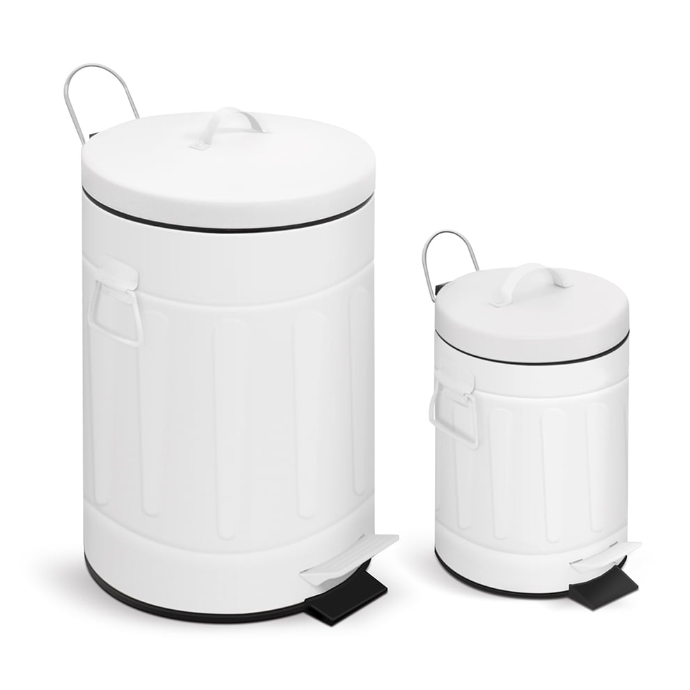 Innovaze 3.2 Gallon and 0.8 Gallon Round Bathroom and Office White Metal Step Trash Can Set