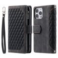 thumbnail image 2 of SaniMore for iPhone 14 Pro (6.1" 2022) Wallet Case with Wrist/Crossbody Lanyard, 3D Lattice PU Leather Flip Kickstand Zipper Purse & Card Slots Magnetic Clasp Shockproof TPU Shell Anti-drop - Black, 2 of 9