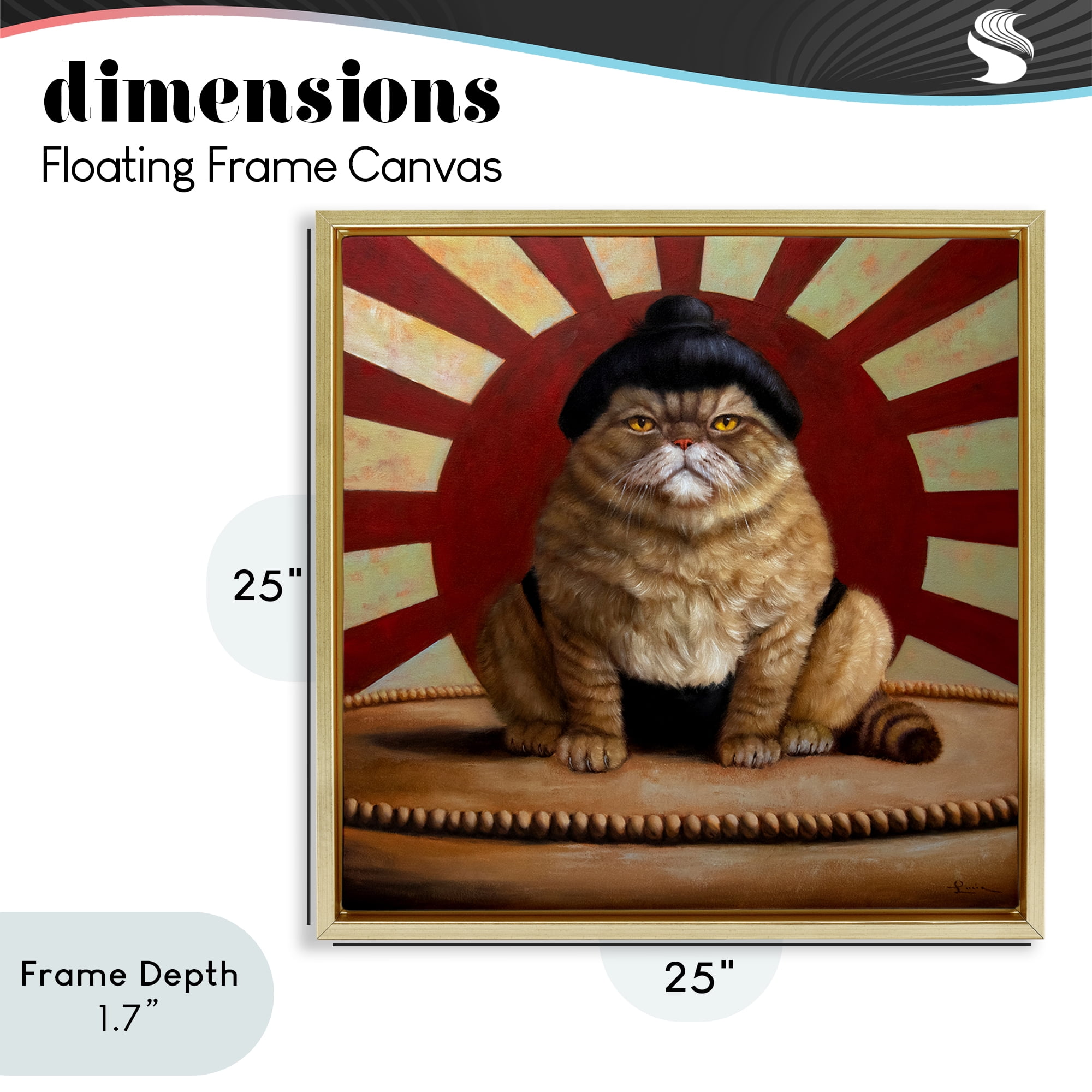 Stupell Industries Sumo Cat with Sun Rays Gold Framed Floater Canvas Wall Art, design by Lucia Heffernan