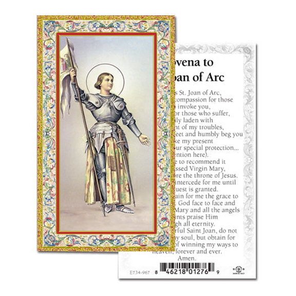 Saint Joan of Arc Gold Stamped Catholic Prayer Holy Card with Prayer on Back, Pack of 100