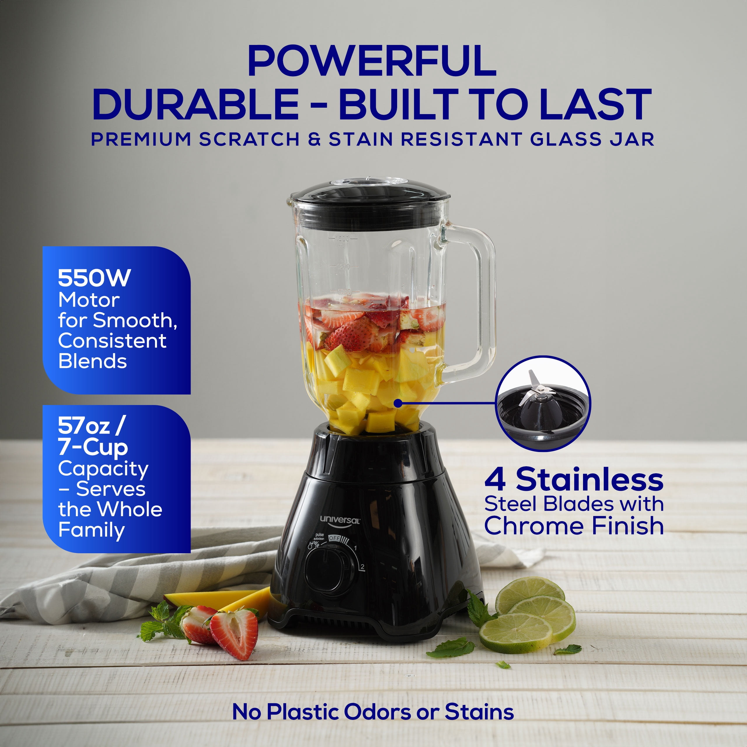 Universal 550W Mass Vital Blender - Glass Jar 57 Oz / 1.8 Quart / 1.7 Liter, 2 Speed + Pulse Function and 4 Stainless Steel Blade with Chrome Steel Technology