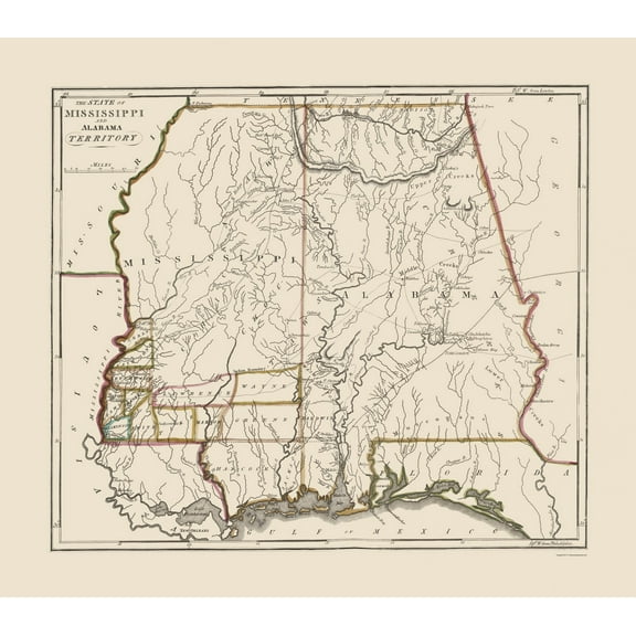 Historic State Map - Mississippi Alabama Territory - Carey 1818 - 23 x 26.11 - Vintage Wall Art