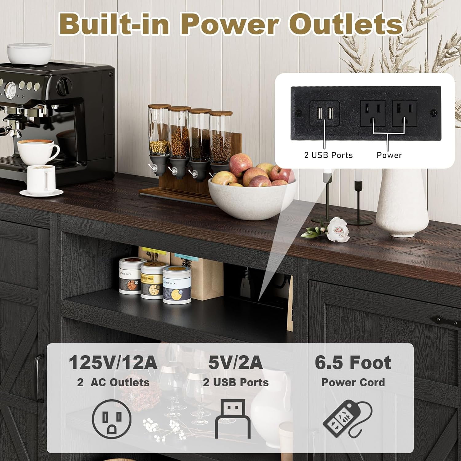 66" Farmhouse TV Stand for 65" 70" 75" TVs with Charging Station, 33" Tall Entertainment Center Console Table with Adjustable Shelves/4 Layer Storage for Living Room