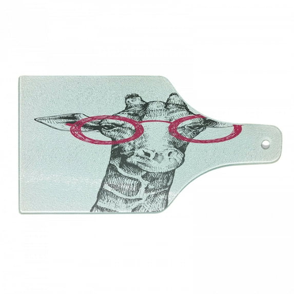 Funny Cutting Board, Hipster Animal Retro Fashion Round Glasses Summer Time Love Hand Drawn Style, Decorative Tempered Glass Cutting and Serving Board, Wine Bottle Shape, White Pink, by Ambesonne