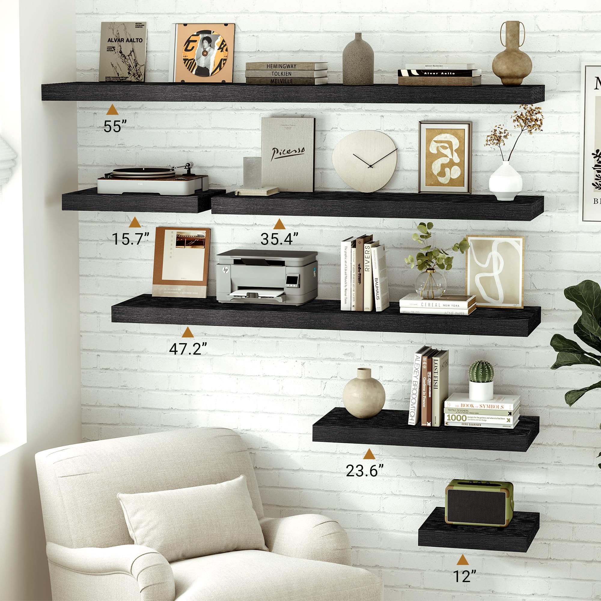 Black Floating Shelves 12 Inches Wide  12" Deep Wall For Bedroom Bathroom Living Room Kitchen Office Rustic Home Decor Shelf With Invisible Brackets X 1.5" Set Of 2