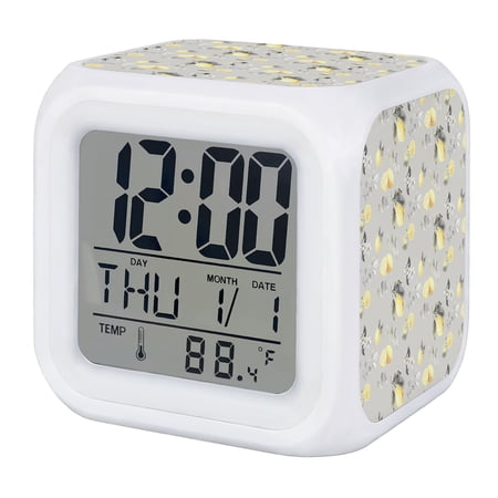 Yellow Lemons Digital Alarm Clock for Bedrooms,Smart LED Alarm Clock with 7 Color Changing Night Light,Pastoral Leaves Floral Garden Plants Grey Silent Wake Up Clocks for Sleep Study 3.2x3.2