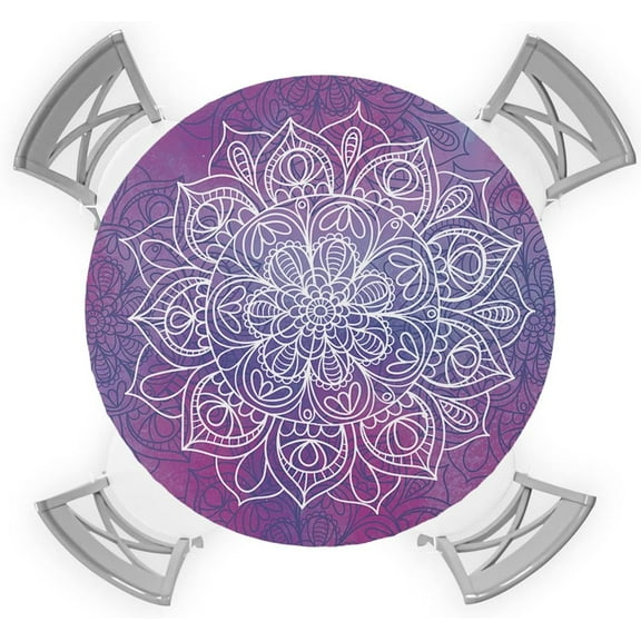 Round Table Cover 36-44 Inch, Waterproof Reusable Table Cloth Round Fitted Vinyl Tablecloth with Elastic Edged for Parties Outdoors, Boho Style Mandala Pattern Purple Gradient