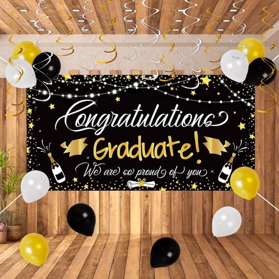 Graduation Party Decorations 2026, Niyattn 25PCS Graduation Party Decorations Supplies 2026- Large Congrats Grad Banner Garland Photo Backdrop Balloons Hanging Swirls Favors (Black)