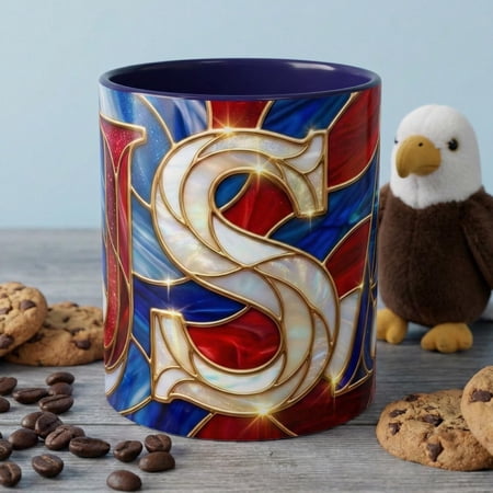 USA Patriotic Coffee Mug, Stained Glass USA Mug, Red White Blue Ceramic Mug, American Flag Style Mug, 11oz 15oz Mug