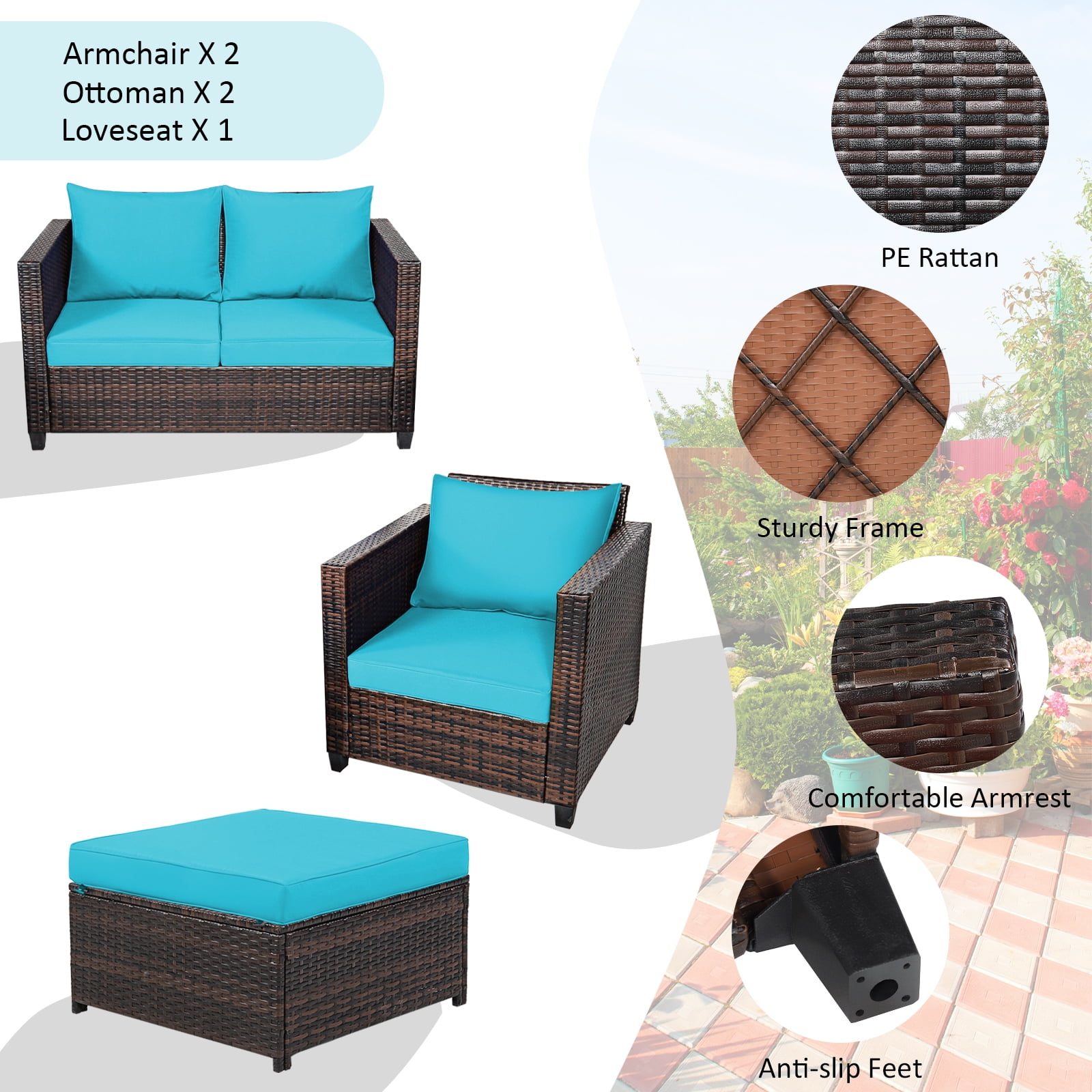Gymax 5PCS Outdoor Patio Rattan Conversation Sofa Furniture Set w/ Turquoise Cushions