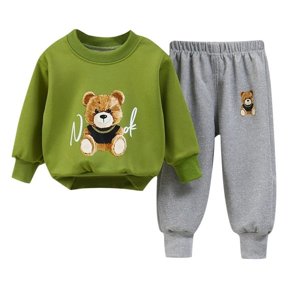 SERTG Kids Bear Print Sweatshirt Set Long Sleeve Round Neck Tops with Elastic Waist Pants Fall Winter Soft Two Piece Outfit for Children 0-7 Years(Army Green,0-6 Months)