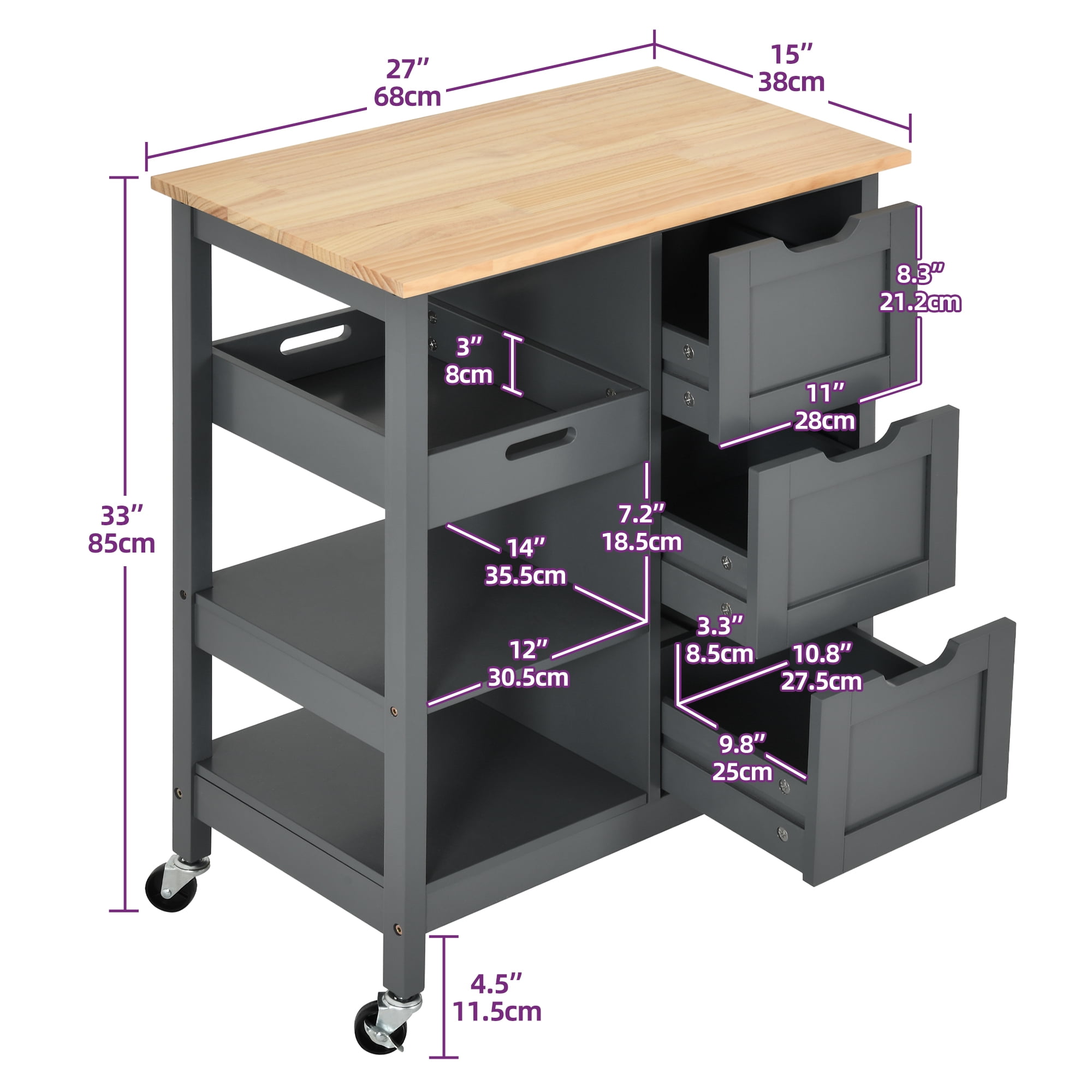 Dextrus 3 Tier Kitchen Island Cart with Storage Shelves, Kitchen Storage Cart with Drawers, Gray