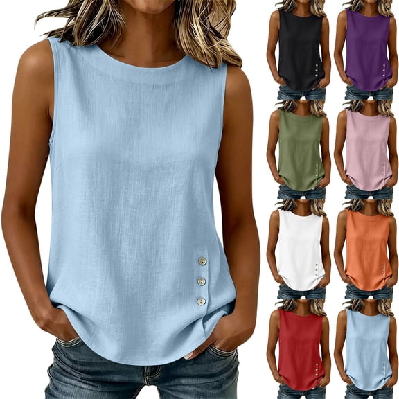 Ihhxva Women's Cotton Sleeveless Tops Crew Neck Tank Top Side Slit Button Detail Solid Color with Pockets Stretchable Summer Exterior Pocket Fit Closure Casual Work Party Tunic S-2XL