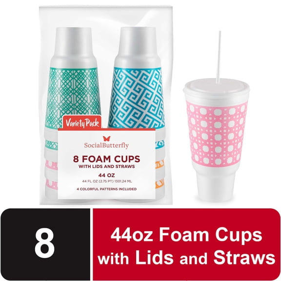 Social Butterfly Disposable Foam Cups with Lids and Straws, 44 oz, 4 Colorful Patterns, 8 Count, (Variety Pack)