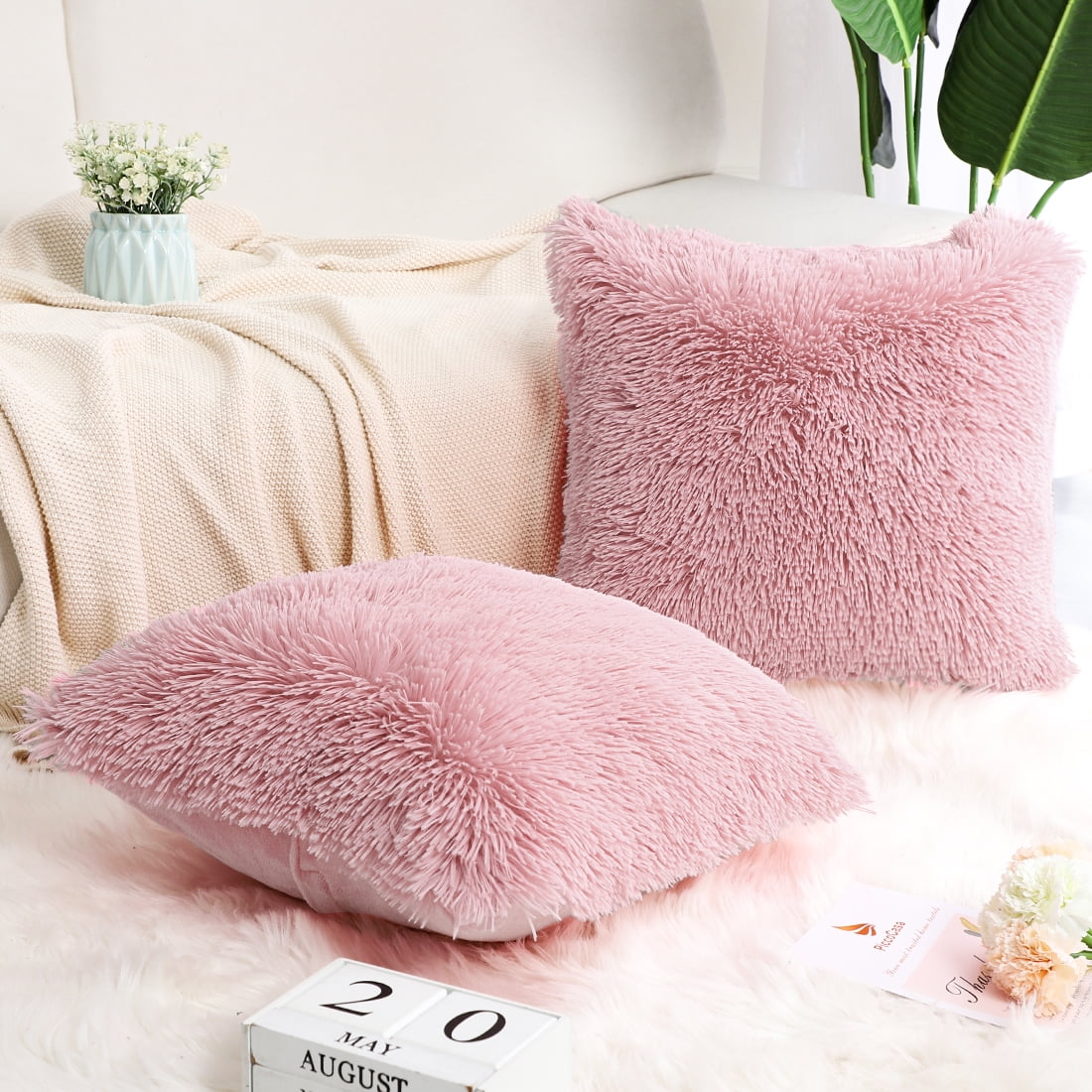 pink shaggy cushion