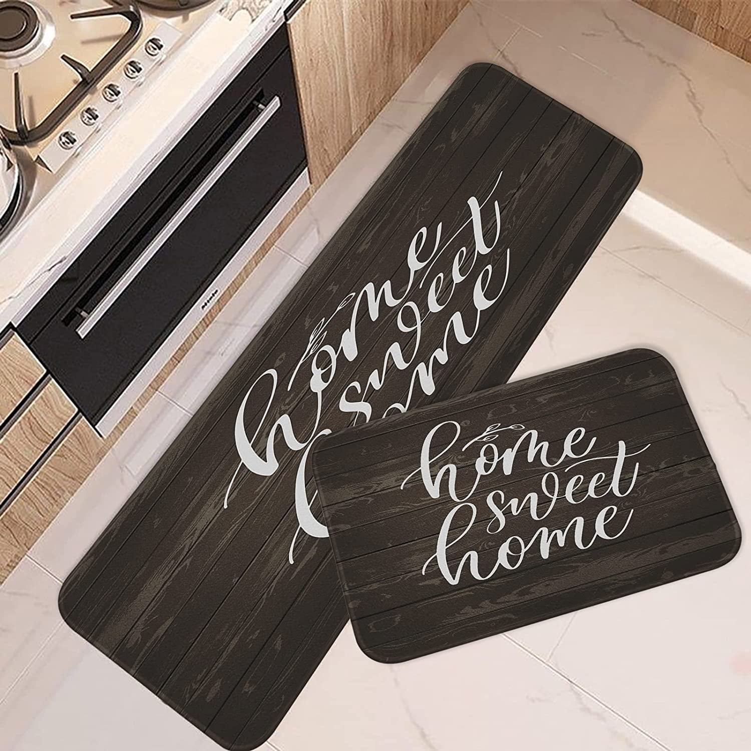 Brown Kitchen Rugs and Mats Non Skid Washable Set of 2, Sweet Home