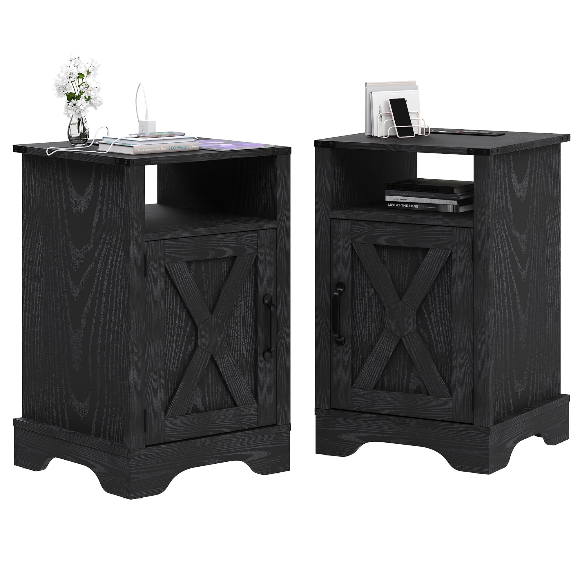 Mayincolor Wooden Farmhouse Nightstand Set of 2 with Charging Station, Rustic End Table with Storage, Black