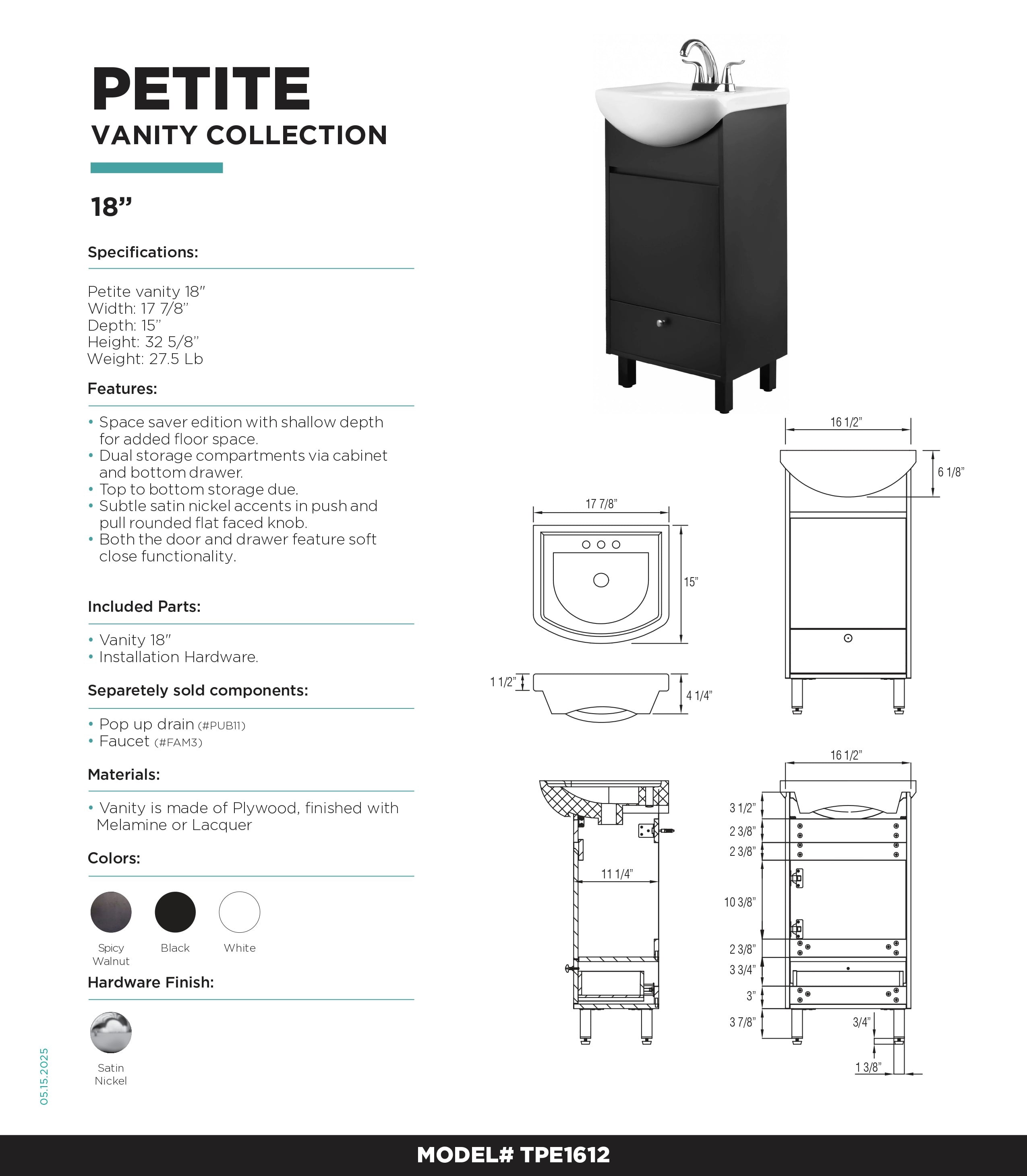 Fine Fixtures Petite 18 Inch Bathroom Vanity with Sink, Small Freestanding Bathroom Cabinet, Space-Saving Vanity Sink Combo, Satin White