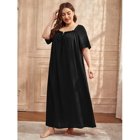 

Royal Women s Plus Short Sleeve Tie Front Frill Trim Sleepdress Black 3XL(18) for Summer F220102Y