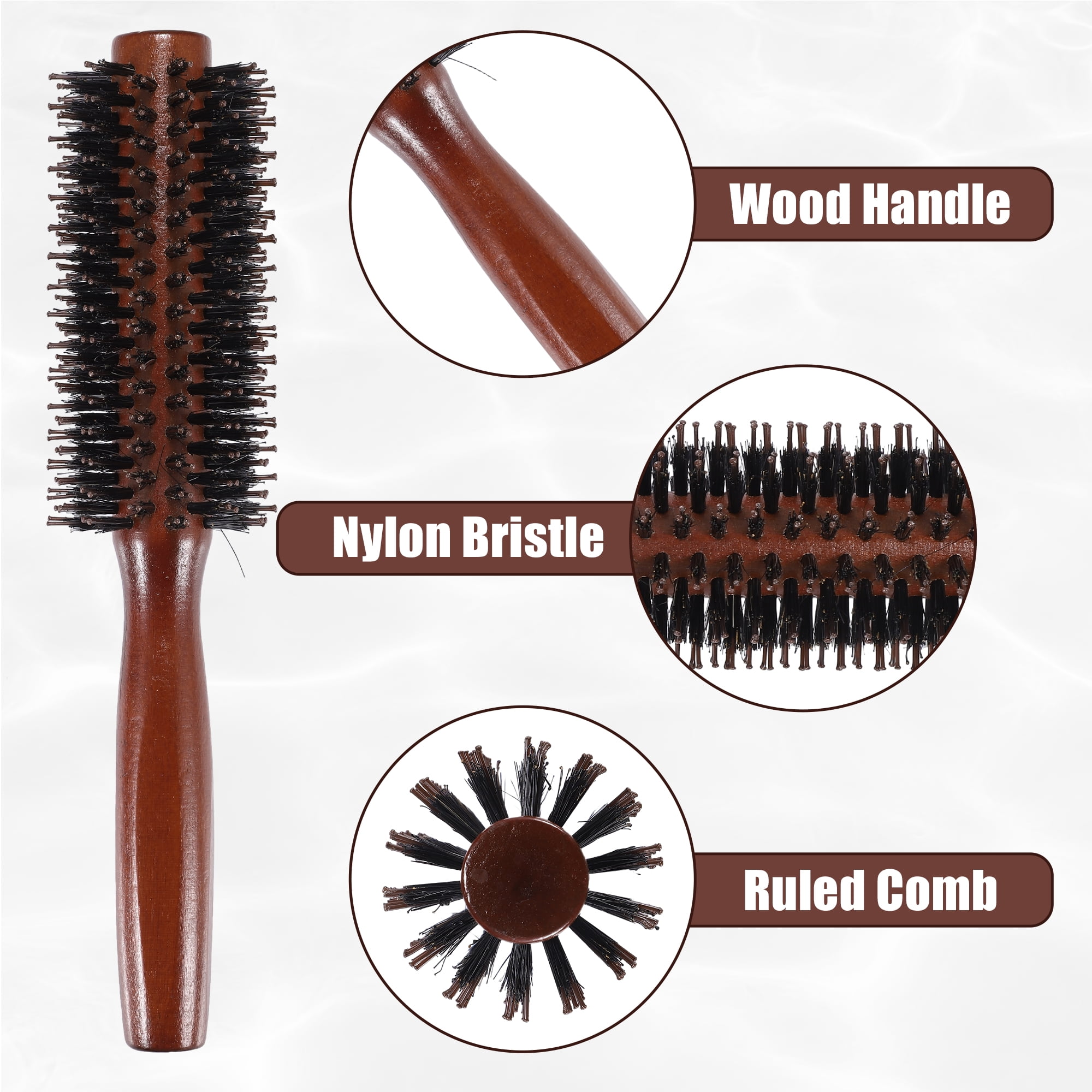 Unique Bargains Nylon Bristle Round Curling Hair Ruled Comb with Wood Handle Brown 8.66" L