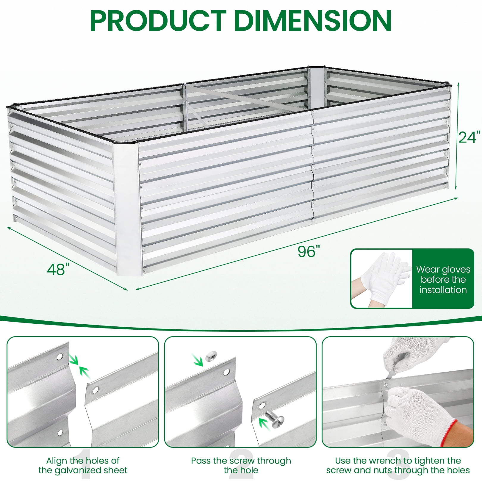 SEJOV 8x4x2FT Galvanized Raised Garden Bed Kit, Rectangular Raised Garden Planter Boxes, Metal Raised Flower Beds Outdoor with 478 Gallons Capacity, for Flowers Herbs Vegetable, Silver