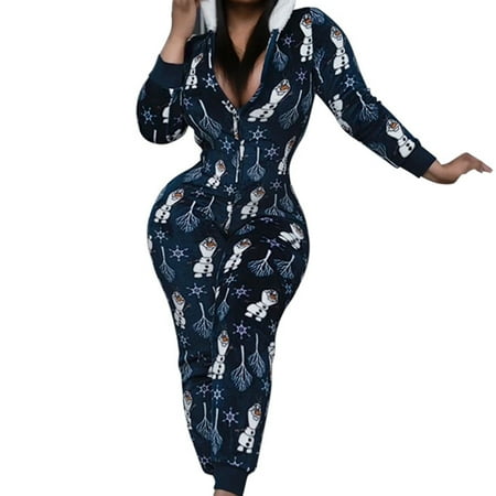 

Tretra Womens One Piece Christmas Pajamas Novelty Long Sleeve Zipper Hooded Jumpsuit Rompers Sleepwear
