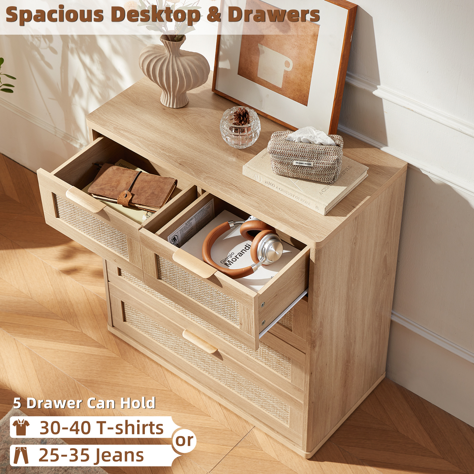 Upright Dresser for Bedroom Set of 2, Chest of Drawers, Modern 5 Drawers Boho Rattan Dressers with Storage, Dresser Natural Wood Closet Organizer for Living Room